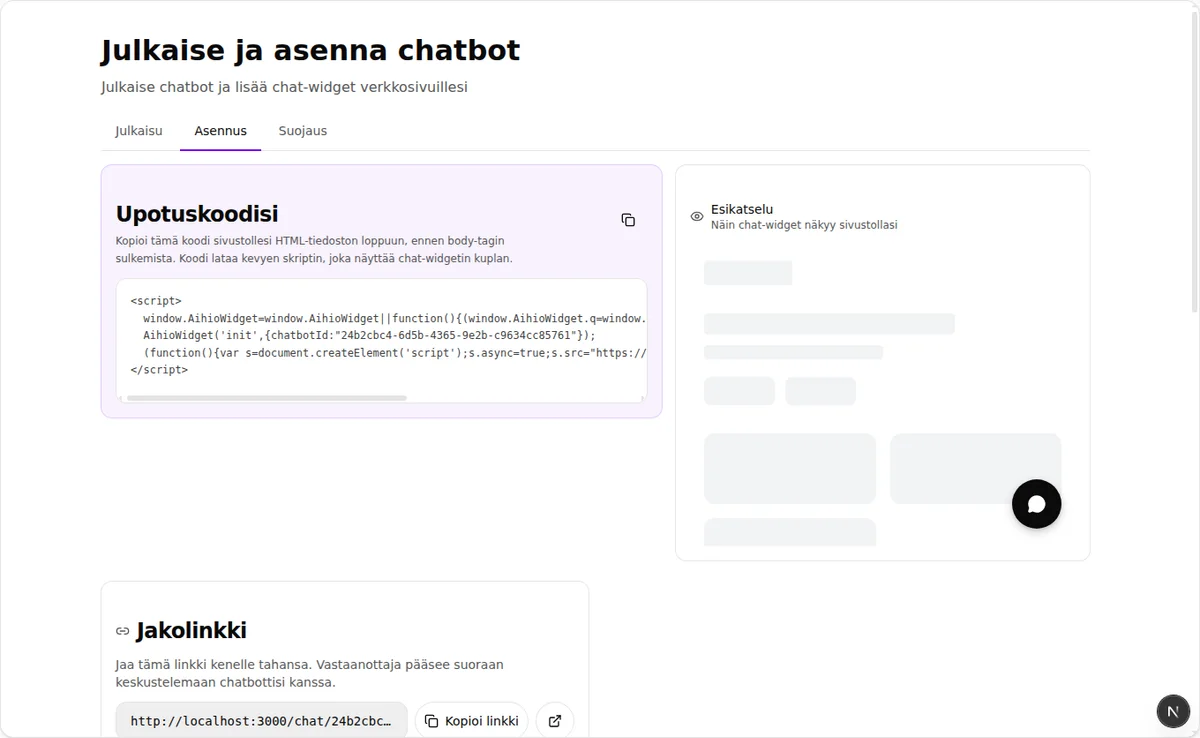 Aihion julkaisunäkymä, jossa chat-widgetin upotuskoodi kopioidaan sivustolle