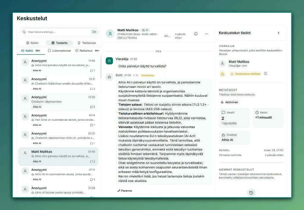 Aihion keskustelunäkymä, jossa agentin vastausta tarkistetaan