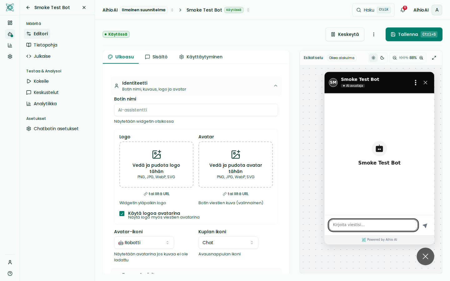 Chatbotin editorinäkymä