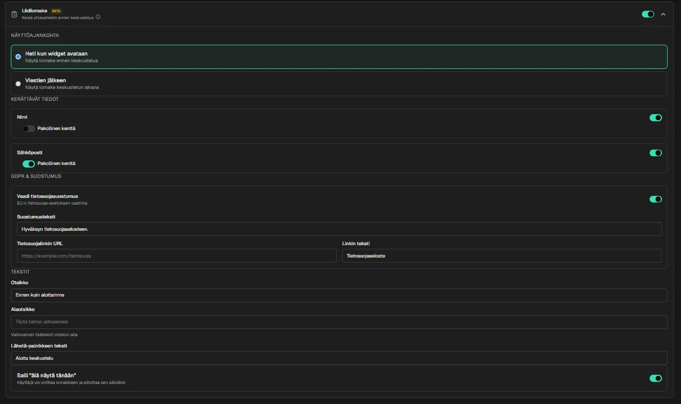 Kuva liidilomakkeesta chat-ikkunassa