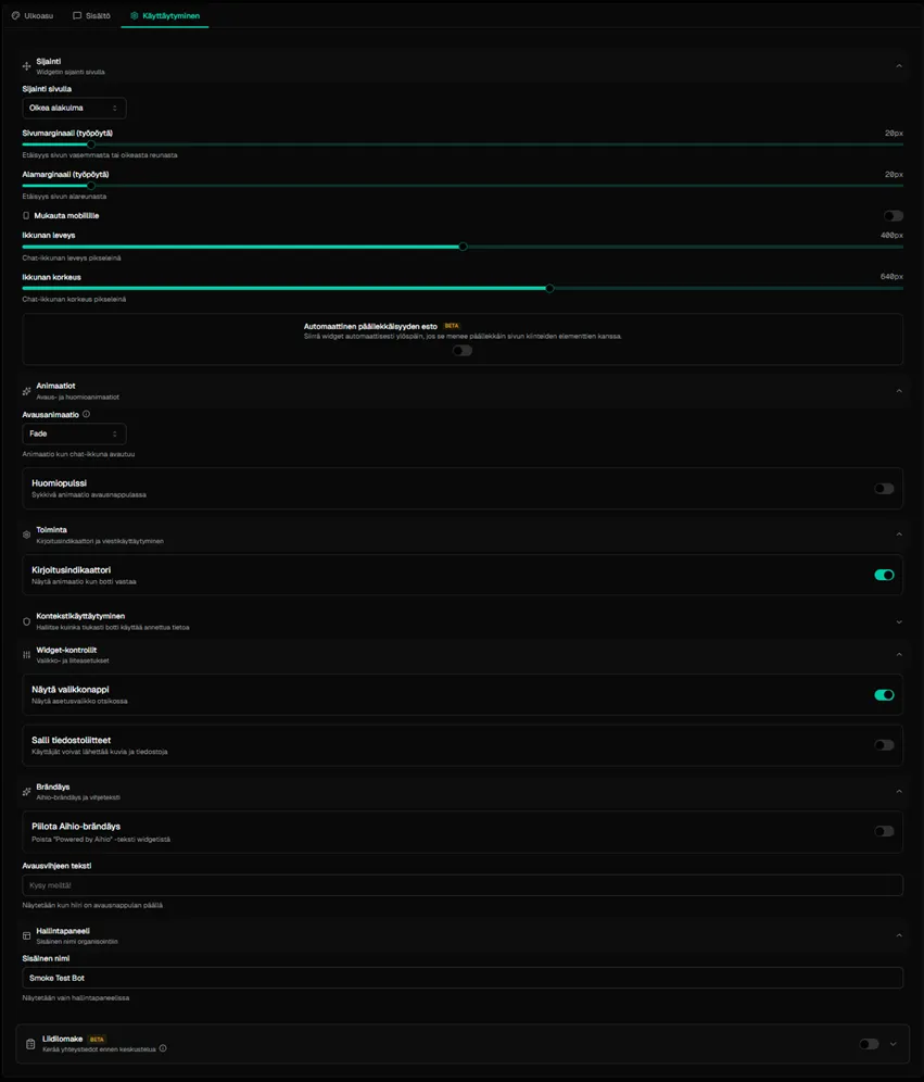 Kuva käyttäytymisasetuksista