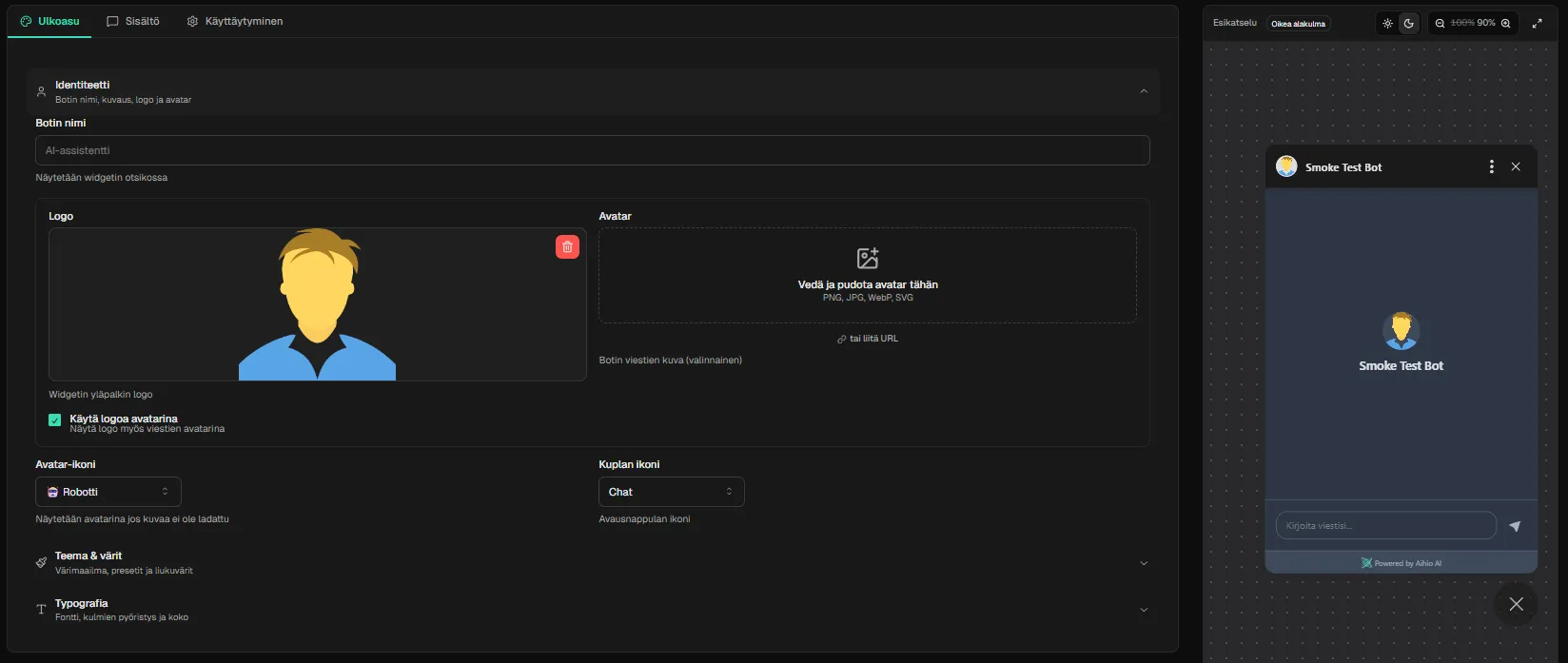 Kuva chatbotin ulkoasueditorista