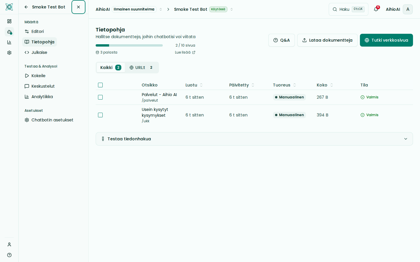 Tietopohjan dokumenttien lisääminen