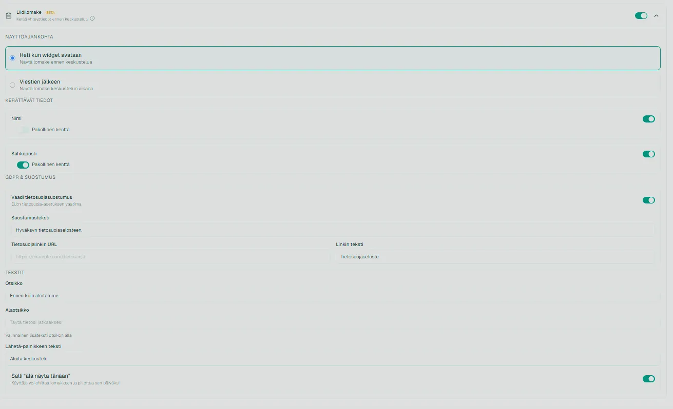 Kuva liidilomakkeesta chat-ikkunassa
