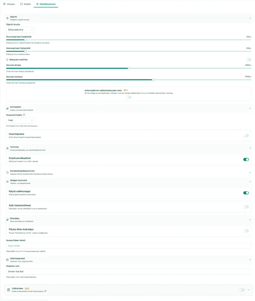 Kuva käyttäytymisasetuksista
