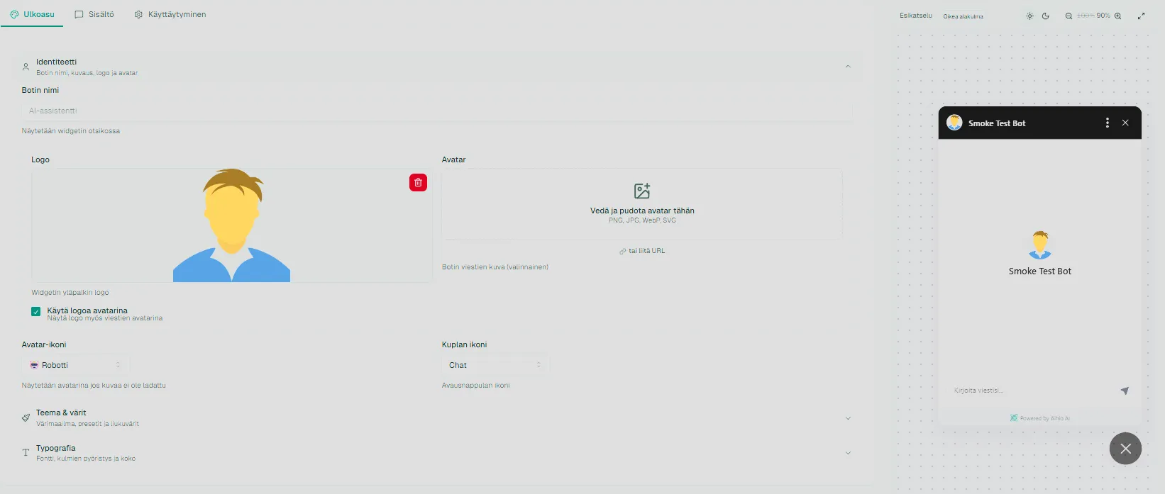 Kuva chatbotin ulkoasueditorista